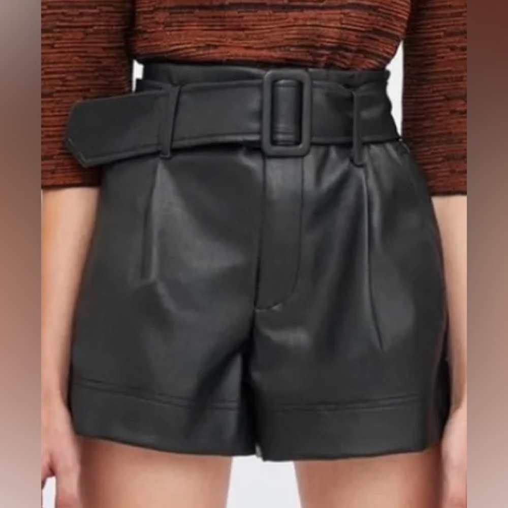 Zara Black High-Waist Belted Faux Leather Shorts